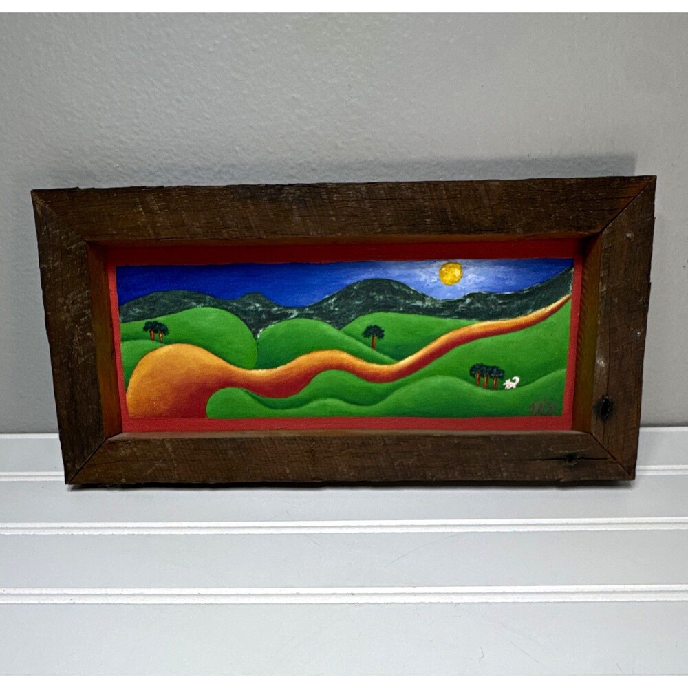 Angela Kirby Original Signed Frizz Framed Landscape Canvas Painting 12.5x6 “
